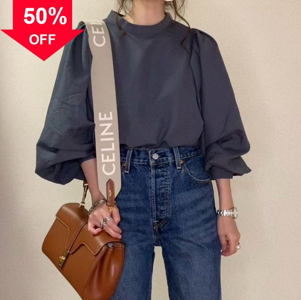 

designer evening bag new shoulder mini hand summer 2022 japan south korea new large loose lantern sleev long sleeve st neck lace up cotton h