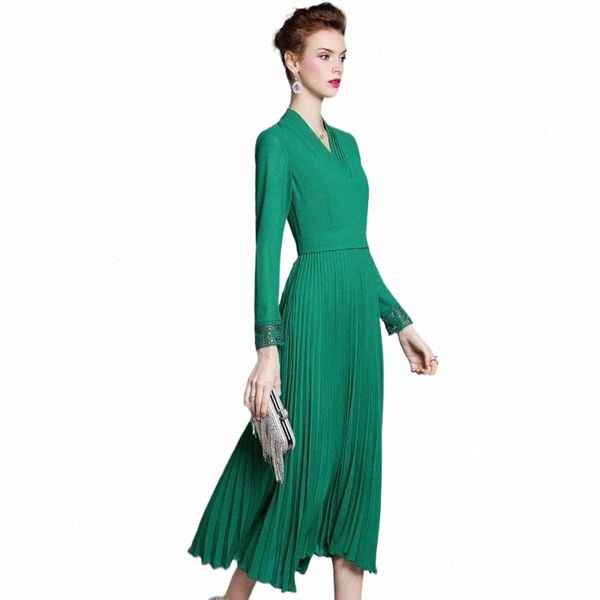 

casual dresses women 2022 spring fashion pleated dress quality brand long sleeve v-neck elegant midi green black burgundry plus size 003g#, Black;gray