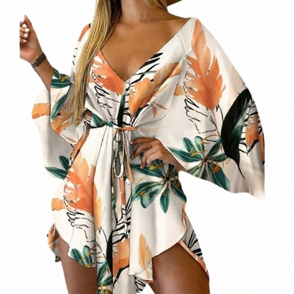 

casual dresses asymmetrical hem mini dress tropical print tie front v neck women beachwear plus size 3xl l9vv#, Black;gray