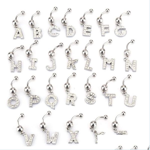 

navel bell button rings 26 letter a to m style charming body piercing crystal rhinestone inlaid navel belly button ring stainless st dh0km, Silver