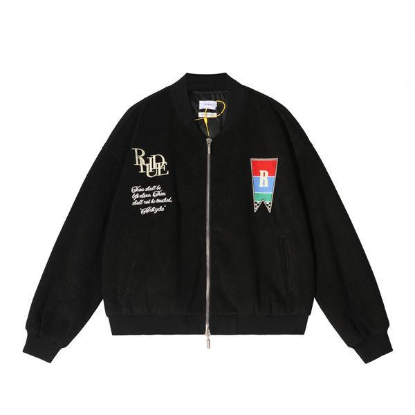 

brand vintage jacket rhude embroidered wool baseball men and women uniform outwear coat, Black