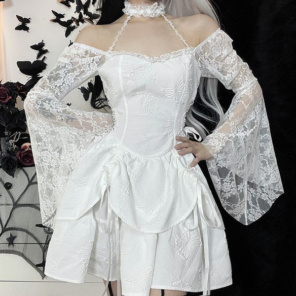 

casual dresses autumn european and american dark wind hanging neck double butterfly a swing lace sleeve dress, Black;gray