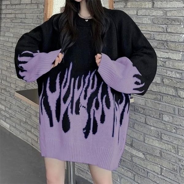 

women's sweaters deeptown gothic streetwear purple fire printed knitted sweater women harajuku hippie vintage oneck oversize long sleev, White;black