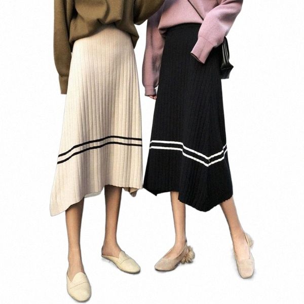 

skirts autumn winter knit skirt korean chic a line stripe casual elegant ladies womens apricot elastic waist vintage black l45y#