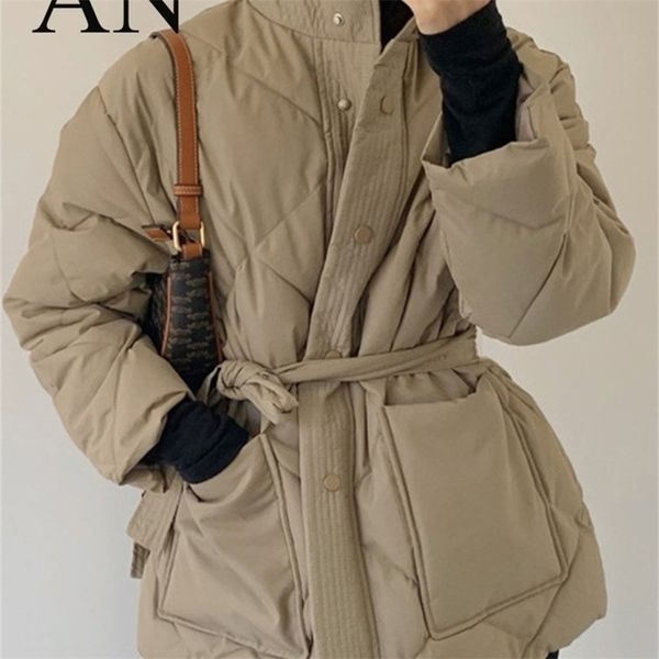 

womens down parkas winter versatile high neck warm large pocket lace up waist cotton jacket clothe for women 220914, Black