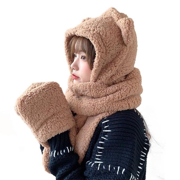 

hats scarves gloves sets 2023 winter women novelty beanies caps warm cute bear ear casual plush scarf set solid gift for girls 220920, Blue;gray