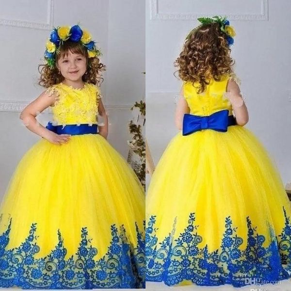 

2023 yellow tulle lace flower girl dresses for wedding crew neck sleeveless black applique sash bow long girls pageant gowns bo9374 gb0920, White;blue