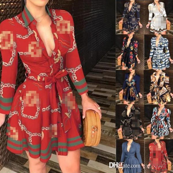 

spring autumn casual dresses 3xl women lace up button down chain printed lapel neck party dress v-neck bandage skirt, Black;gray