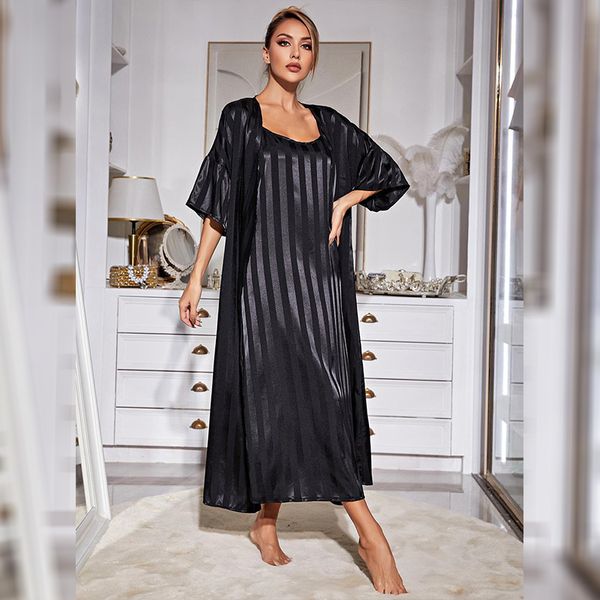 

autumn sleepwear european and american simulation silk suspenders long-sleeved nightdress can be worn outside early autumn home wear women, Black;red