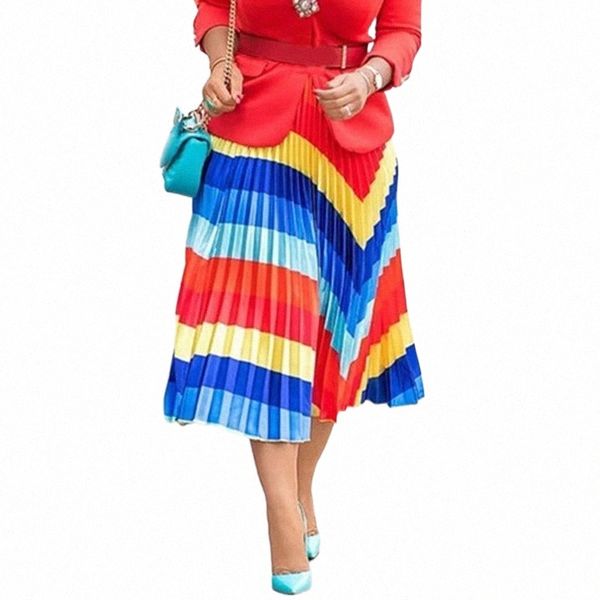 

skirts rainbow women pleated african 2022 summer a line casual office ladies elegant female stripe printed high waist 69ii#, Black