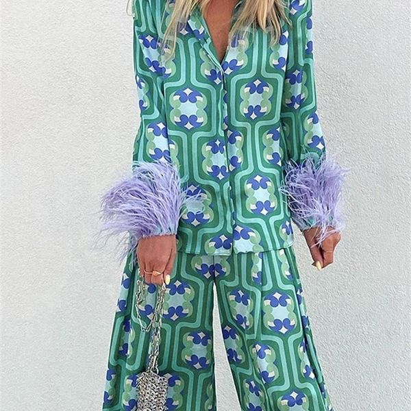 

women's two piece pants women floral print cuff with feathers blouses wide leg suits vintage button up shirts female trousers sets outf, White