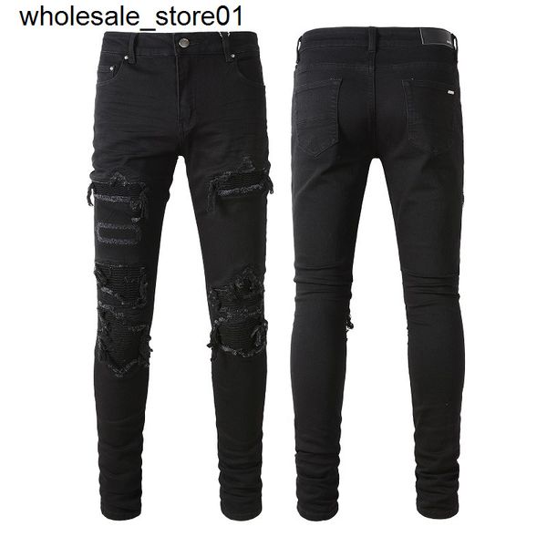 

men's jeans amirs black patch pleated jeans men's patched street fit pants, Blue
