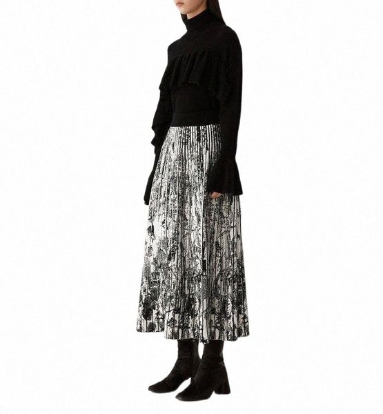 

skirts autumn winter women midi casual high waist elastic knitting print pleated skirt j9vk#, Black