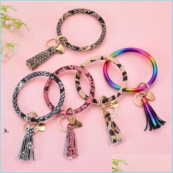 

charm bracelets round circle wristlet keychain heart shaped pendant bracelet pu leather keyring for women tassel car drop jewelshops dhpla, Golden;silver