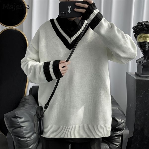 

men's sweaters pullovers men fashion knit vneck striped couple allmatch sweater student daily clothing couple harajuku streetwear loose, White;black