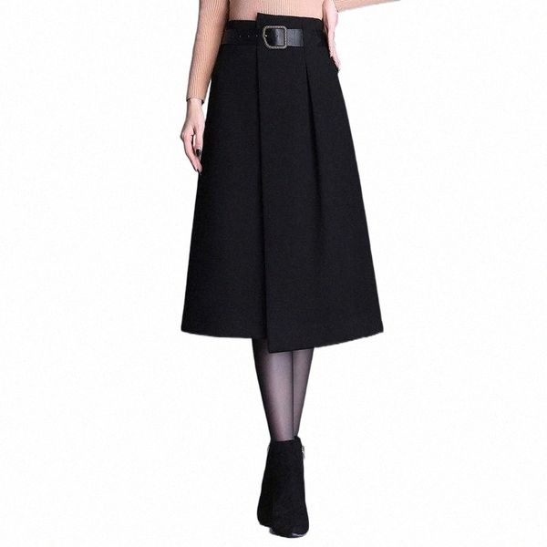 

skirts autumn& winter high waist slimming simple black plus size wild casual women a-line irregular woolen long skirt g9uj#