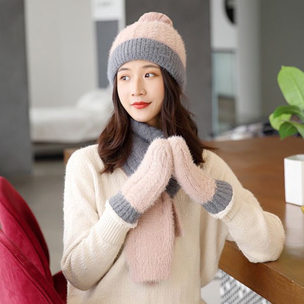 

hats scarves gloves set winter beanie hat scarf and knitted cotton fashion solid warm beanies with pompon 220920, Blue;gray