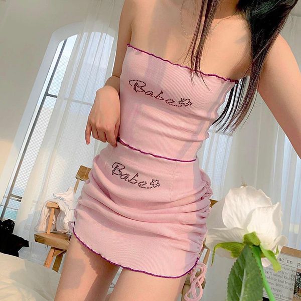 

two piece dress summer/autumn women letter casual tight sleeveless off shoulder tube high waist drawstring half skirt suit, White