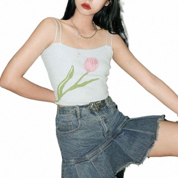 

women's tanks & camis vintage knitted tank female tulip girl camisole sleeveless double shoulder strap tshirt summer women vest crop m2, White