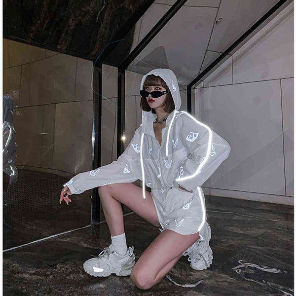 

women's two piece pants women tracksuits 2piece set long sleeve butterfly reflective loose breathable hooded female loose glow jacket p, White