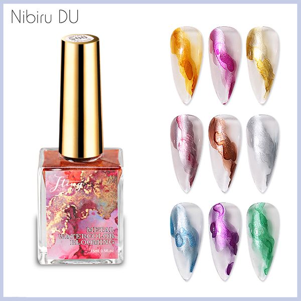 

s art metal watercolor blooming art design natural dry gradient marble painting gel nail varnish, Red;pink