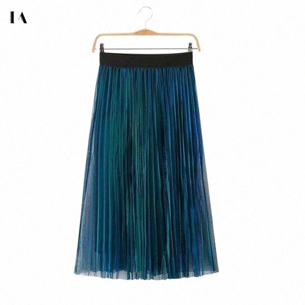 

skirts ltd1198266 2022 allochroic metal midi women elastic waist lady shiny flash patchwork pleated mesh vestidos o3ly#, Black