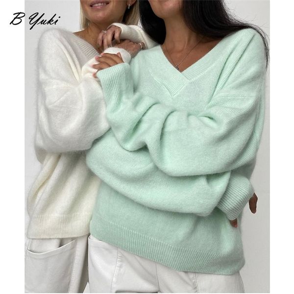 

womens sweaters blessyuki soft cashmere sweater women casual loose vneck basic knitted pullovers female korean simple lazy jumper 220920, White;black