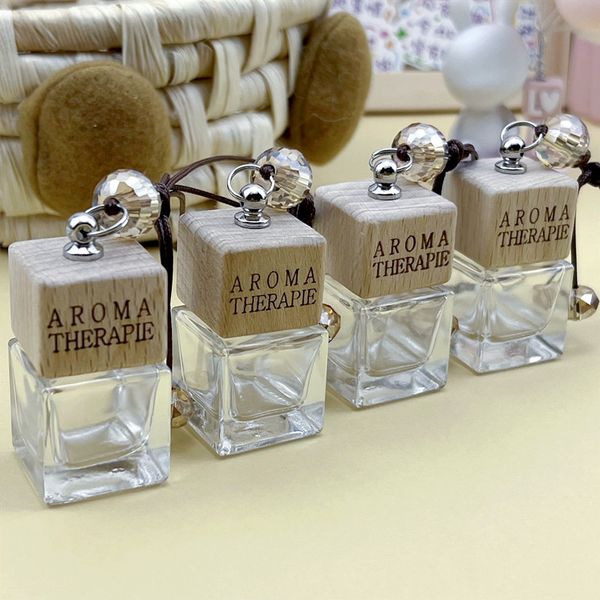 

car perfume bottle glass beech wood cover crystal bead square bottle pendant wax line