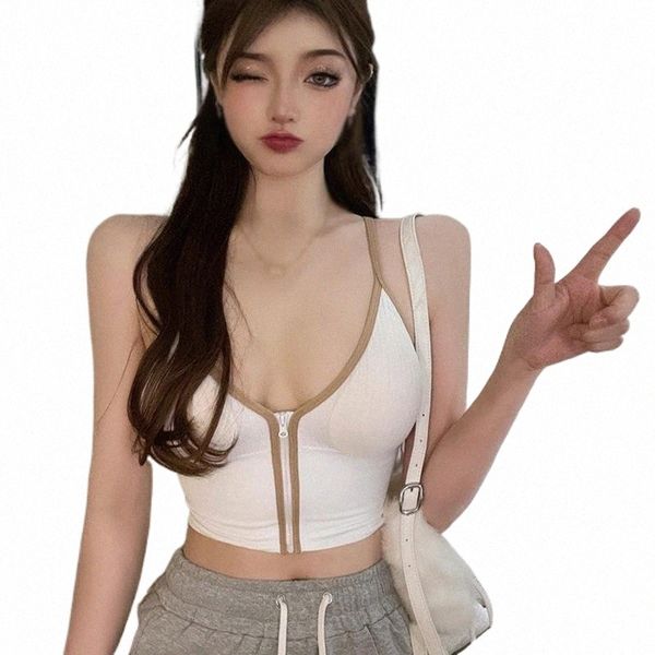 

women's tanks & camis summer women zipper underwear lingerie suspender vest with gathered base sports knitted solid outwear bra g3rs#, White