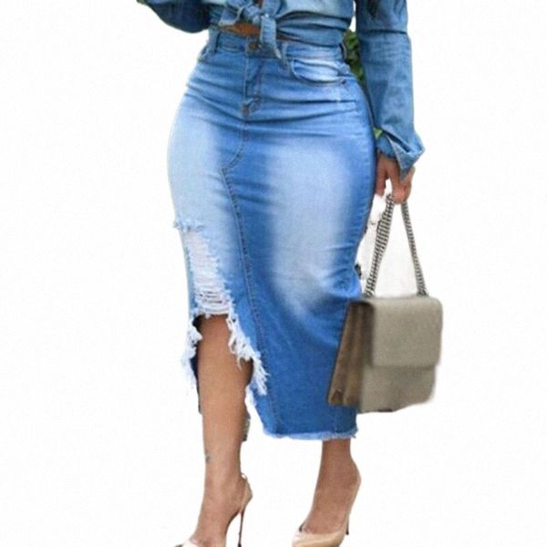 

women skirts high waist denim jeans skirt ladies bandage split long plus blue slit mid casual z58c#, Black