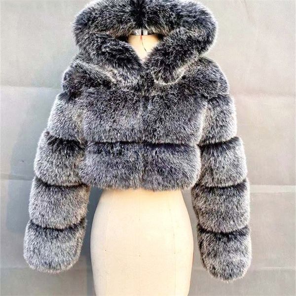 

women's fur faux zadorin ry cropped coats and jackets women fluffy coat with hooded winter jacket manteau femme 220919, Black