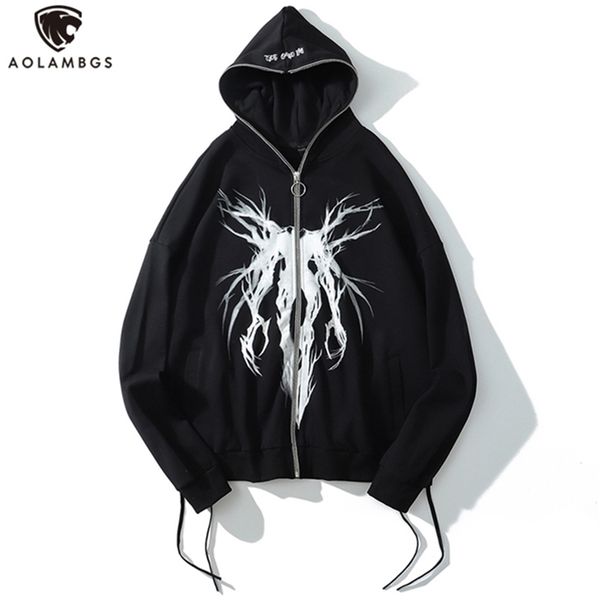 

men's hoodies sweatshirts aolamegs punk graphic print zipper ribbon hooded hoodie men casual black cool oversize coat fashion sweatshir