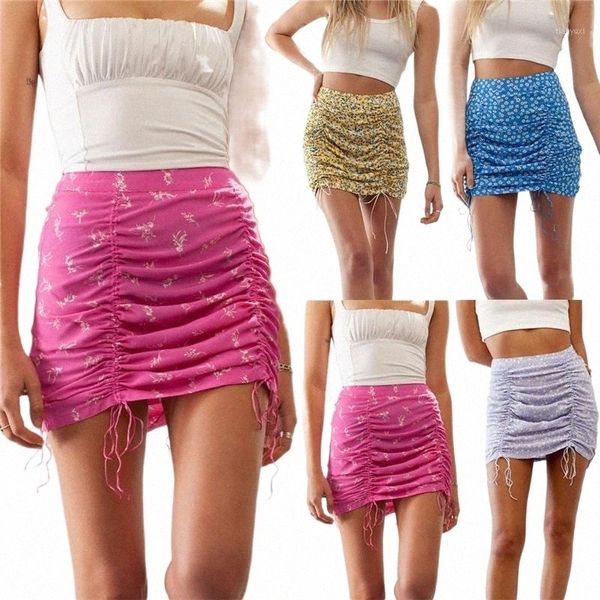 

skirts women mini boho floral pattern slim casual summer female drawstring bandage short pencil skirt g1m8#, Black