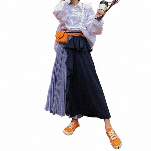 

skirts women girls two-color pleated long skirt ladies high waist elastic flared y0he#, Black