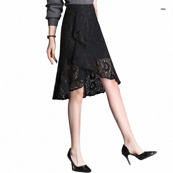 

skirts 2022 spring autumn women fashion vintage black hollow out lace high waist slim irregular knee-length fishtail m-4xl y599 f044#