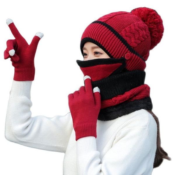

hats scarves gloves sets three piece mask bib women winter cap neckerchief plush warm knitted wool windproof beanies scarf set 220920, Blue;gray