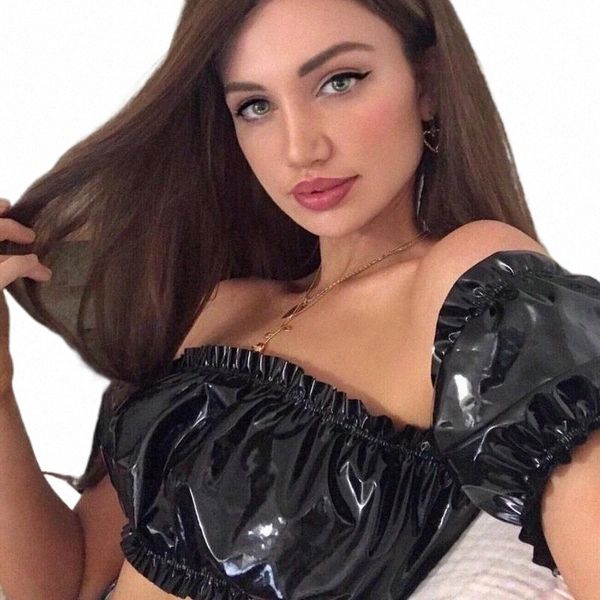 

women's tanks & camis 2021 black pvc latex punk gothic t-shirt exotic faux leather gauze patchwork mesh club party costume b2z4#, White