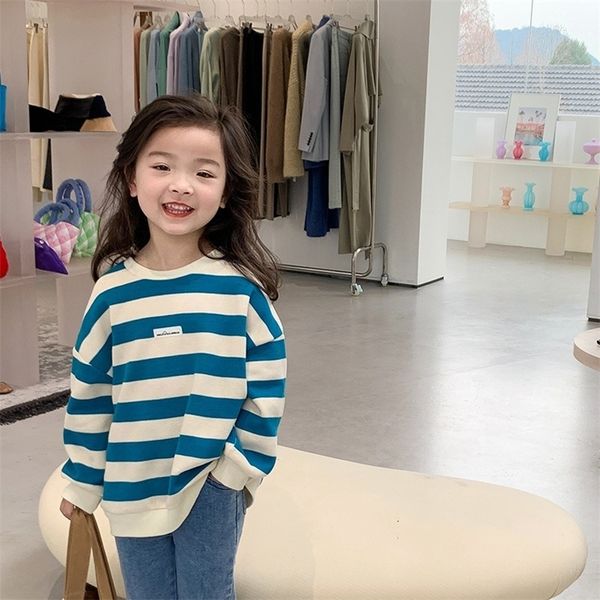 

pullover spring fashion girls cotton striped sweatshirts kids loose casual clothes 1-8y 220919, Blue
