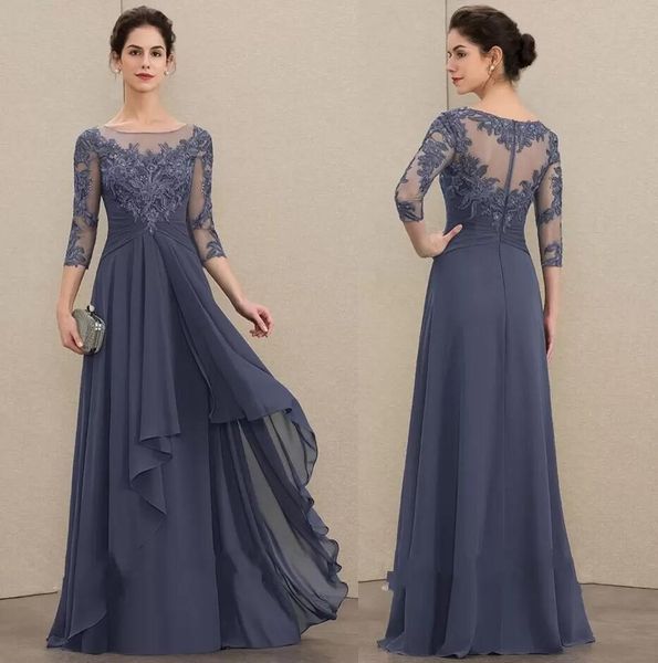 

2023 elegant navy evening dresses a-line scoop neck floor-length chiffon lace mother of the bride dress with cascading ruffles plus size mot, Black;red