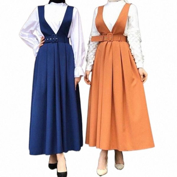 

skirts two shoulder strap pleated womens blue high waist ladies casual long maxi islamic clothing muslim suspender skirt i1jp#, Black