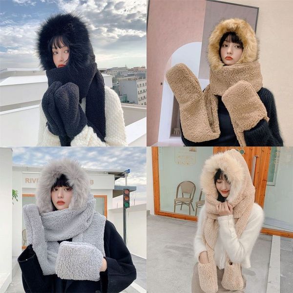 

hats scarves gloves sets casual faux fur winter warm women caps plush hat scarf set beanies 220920, Blue;gray