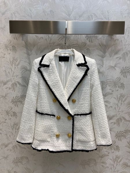 

2022 new winter tweed blazer gold button jacket women turn down collar double-breasted white pockets elegant coat, Black;brown