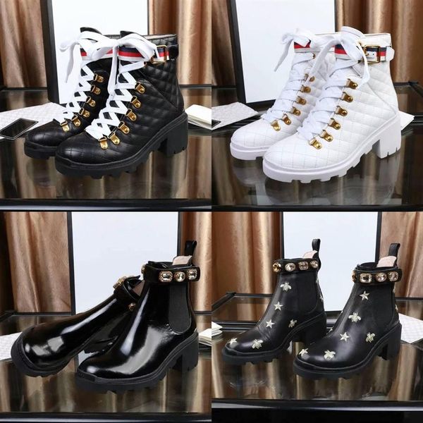 

designer women boots classic leather booties belt buckle ankle shoes desert martin boot female rough heel round head shoe with box354y, Black