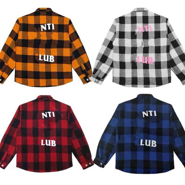 

american club designer shirt men's plaid long-sleeved back letter print flannel shirts couple loose fashion, White;black