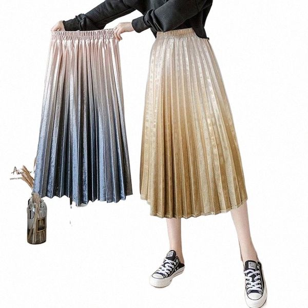 

skirts women gradient pleated a-line high waist vintage soft female fashion spring summer ladies bottoms ropa mujer 26mu#, Black
