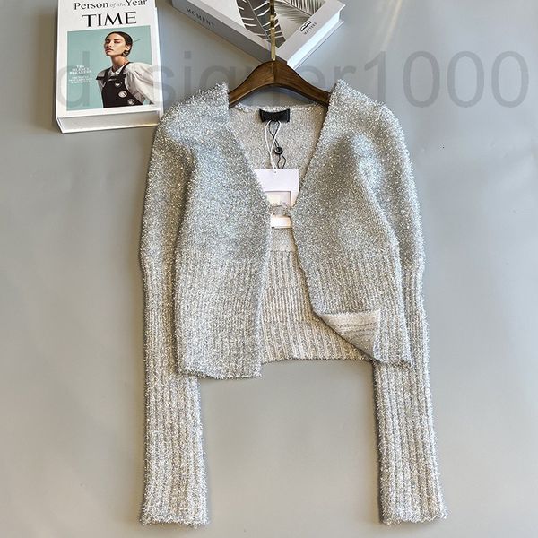 

women's knits & tees designer small fragrance silver v-neck slim long sleeve knitted cardigan coat temperament celebrity style 2022 new, White
