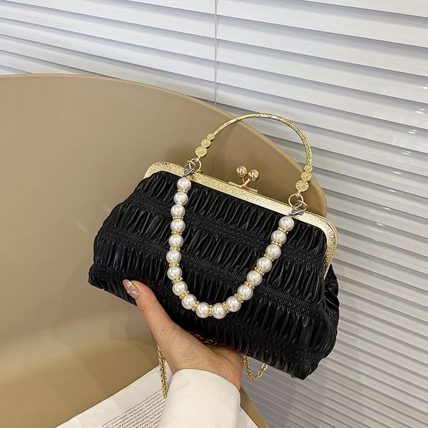 

pleated handbag women's bags fashion pearl chain casual clip mouth shoulder bags