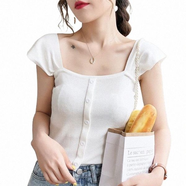

women's tanks & camis 2021 women summer knitted crop button up tank for tees cute tube square neck b7q9#, White