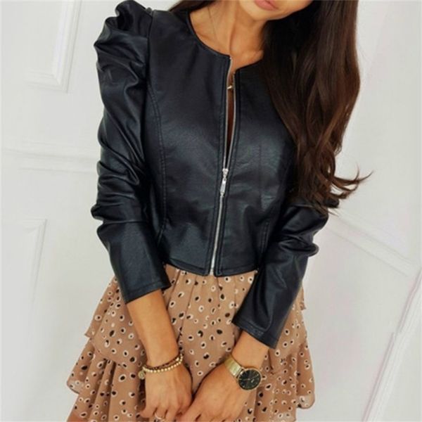 

women's jackets fashion pu leather coats women ruched long sleeve slim zipper outwear female ladies office lady street clothes fall 22, Black;brown