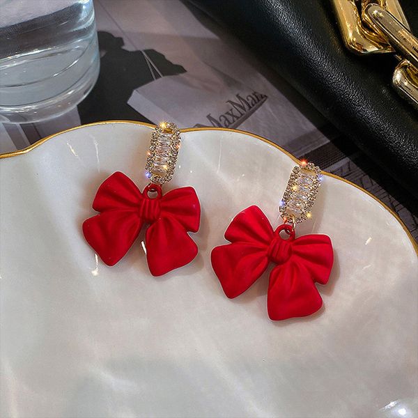 

dangle chandelier stylish crystal bow knot earrings for women lucky red color heart zircon earring girls christmas year jewelry 220920, Silver